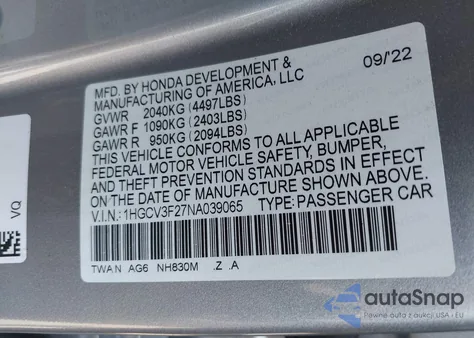 2022 Honda Accord Hybrid Sport from USA, damaged, VIN 1HGCV3F27NA039065